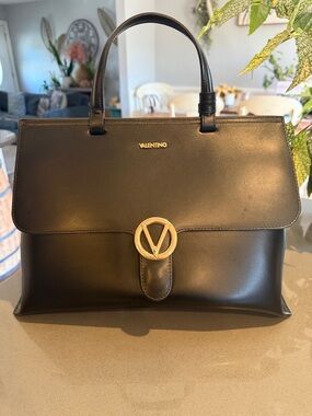 Valentino Black Leather Top-Handle Satchel with Gold V Logo